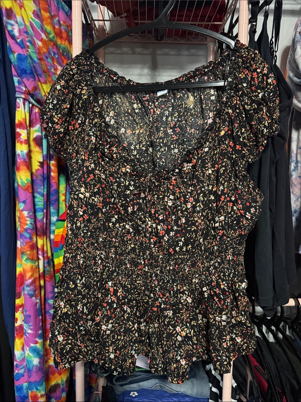 Old Navy Black Floral Peplum Short-Sleeve Blouse
